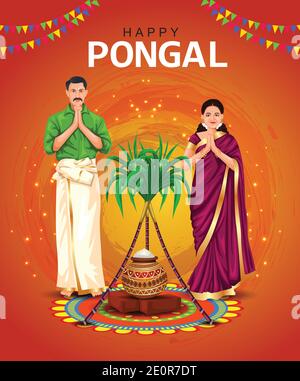 Happy Pongal celebration with sugarcane, Rangoli and pot of rice. Tamil family offering prayers. Indian cultural festival celebration concept illustra Stock Vector