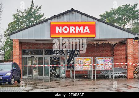 Berlin, Germany - January 1, 2021: Photo with details of a supermarket that burned out on New Year's Eve. Stock Photo