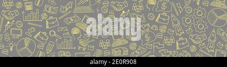 Business hand drawn doodles seamless border on gray background. Vector illustration. Stock Vector