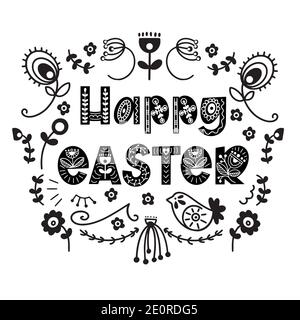 Happy Easter floral lettering in scandinavian style. Seasons Greetings. Postcard, invitation, poster, banner typography.