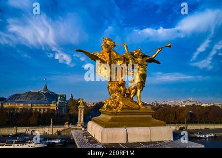 France, Paris, Alexandre III bridge, sculpture by Leopold Steiner representing the Fame of the War accompanied by Pegasus