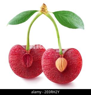 Two halves of sweet cherry on stems isolated on white background Stock Photo