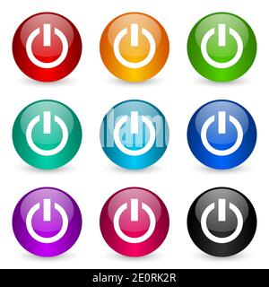 Power vector icons, set of colorful glossy 3d rendering ball buttons in 9 color options Stock Vector