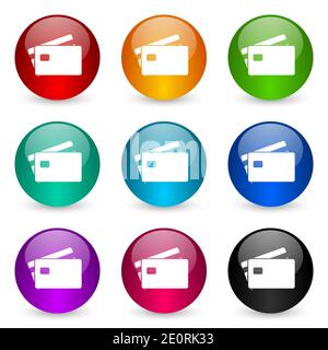 Credit card, bank, finance vector icons, set of colorful glossy 3d rendering ball buttons in 9 color options Stock Vector