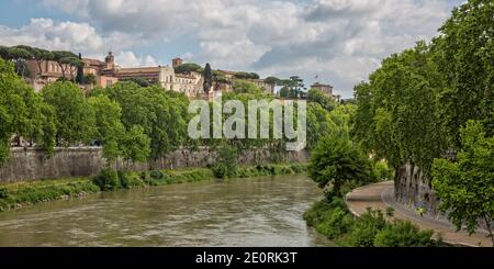 Panoramic view of the Tiber river and of the  Aventine Hill from Palatine Bridge, Rome, Italy Stock Photo