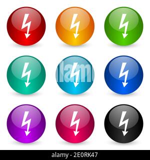 Bolt vector icons, set of colorful glossy 3d rendering ball buttons in 9 color options Stock Vector