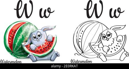 Watermelon. Alphabet letter W, coloring page Stock Vector