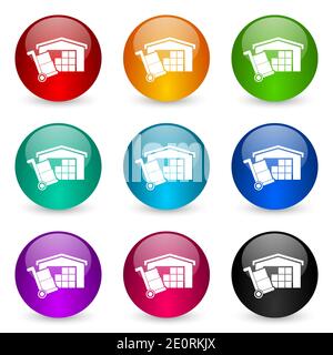 Warehouse and shipping barrow, delivery, freight concept vector icons, set of colorful glossy 3d rendering ball buttons in 9 color options Stock Vector