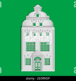 Paper house isolated on green background. Origami city building. Cottage exterior of white paper cut art and craft style design. Vector illustration Stock Vector