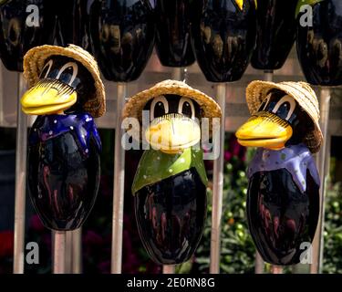 interesting figures of decorative crows on the street display of a shop Stock Photo