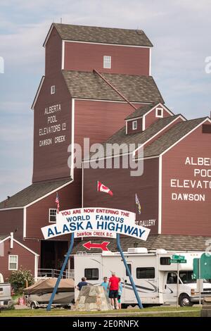 The Mile Zero marker at the official start of the Alaska Highway in Dawson Creek, British Columbia, Canada. Stock Photo