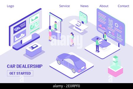 Car dealership, expo Horizontal Banner. People walking near huge screen. Advertising products, auto stands or services at exhibition. 3D isometric vec Stock Vector