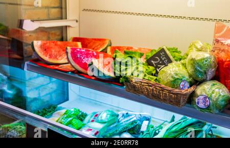 Watermelons and vegetables in the supermarket in Cala Figuera Mallorca Spain. Stock Photo