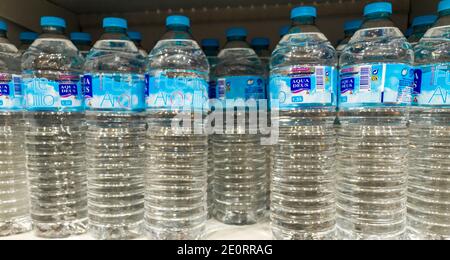 Plastic bottles of water on the shelf in a supermarket in Mallorca Spain. Stock Photo