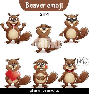 Vector set of cute beaver characters. Set 4 Stock Vector