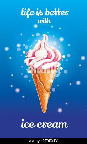 Delicious colorful icecream dessert in waffle cone Stock Vector