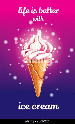 Delicious colorful icecream dessert in waffle cone Stock Vector
