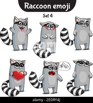 Vector set of cute raccoon characters. Set 4 Stock Vector