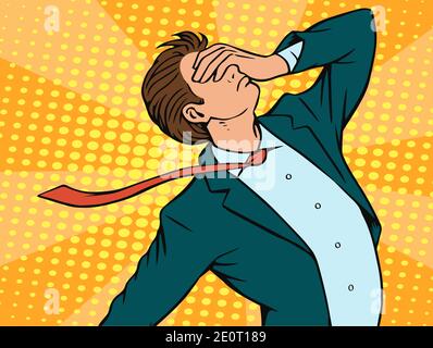 The young man is in great despair. He clutched his head in grief. Vector comic isolated pop art illustration. Stock Vector
