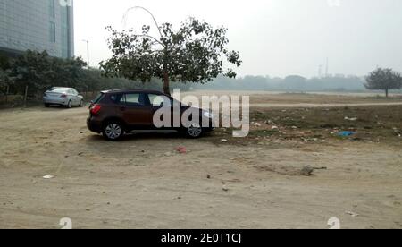 AN CAR SITTING IN THE EMPTY GROUND UNDER TREE, RIGHT SIDE POSE Stock Photo