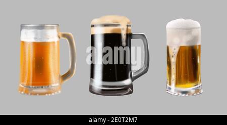 illustration set of glasses with beer. light beer, unfiltered beer, dark beer. Stock Photo