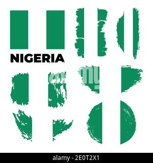 National flag of Nigeria. Shiny metallic gray square button with shadow. Stock Vector