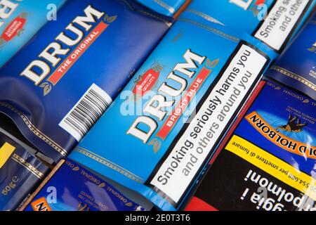 Moscow, Russia - September 17, 2020: Pouches of different rolling tobaccos Stock Photo