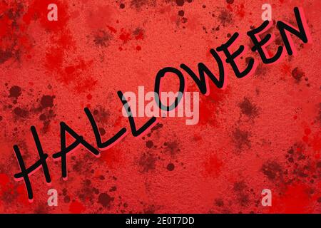 Illustration with black Halloween title over red with bloodstains background. Stock Photo