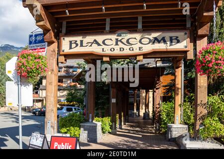 Whistler, Canada - July 5,2020: View of entrance Blackcomb Lodge hotel in Whistler Village Stock Photo