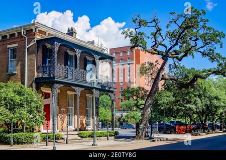 A typical historic home features wrought iron, Aug. 9, 2020, in Mobile, Alabama. Historic homes abound throughout the area. Stock Photo