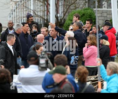 Governor Chris Christie and President Barack Obama visit with homeowners whose houses suffered damage from Hurricane Sandy in Brigantine, NJ, USA, on Wednesday, Oct. 31, 2012. Photo by Tim Larsen/Governor's Office/ABACAPRESS.COM Stock Photo