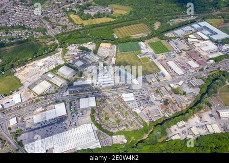 Aerial photo of the town of Huddersfield, showing the main town centre on a sunny summers day in the summer time in the Borough of Kirklees, in West Y Stock Photo