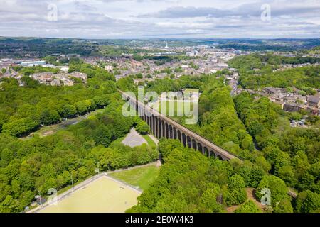 Aerial photo of a scenic view of the Lockwood Viaduct located in the town of Huddersfield borough of Kirklees in West Yorkshire showing the historic r Stock Photo