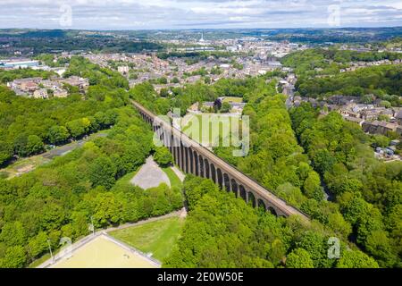 Aerial photo of a scenic view of the Lockwood Viaduct located in the town of Huddersfield borough of Kirklees in West Yorkshire showing the historic r Stock Photo