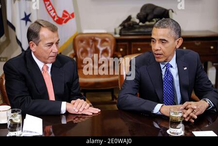 U.S. President Barack Obama and Speaker of the House John Boehner attend a bipartisan group of congressional leaders in the Roosevelt Room of the White House in Washington, DC, USA on November 16, 2012. Photo by Olivier Douliery/ABACAPRESS.COM Stock Photo