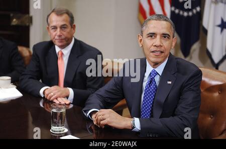 U.S. President Barack Obama meets with a bipartisan group of congressional leaders including Speaker of the House John Boehner in the Roosevelt Room of the White House in Washington, DC, USA on November 16, 2012. Photo by Olivier Douliery/ABACAPRESS.COM Stock Photo