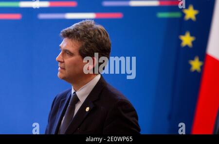 French Minister of Economic Recovery Arnaud Montebourg during the 30th France-Italy annual Summit held in Lyon, France on December 3, 2012. The two countries are meeting to sign an agreement for the construction of new high speed (TAV) rail line running from Lyon, France to Turin, Italy. Photos by Vincent Dargent/ABACAPRESS.COM