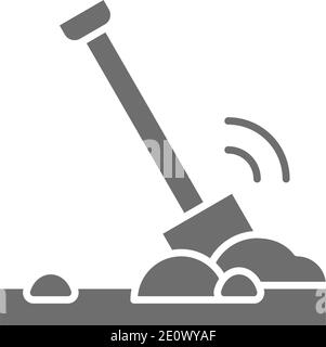 Shovel in the ground, soil gray icon. Stock Vector