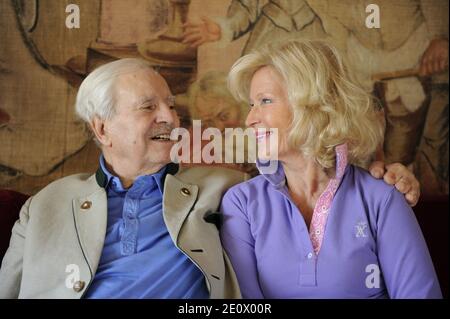 EXCLUSIVE. File photo of Maurice Herzog with his wife Sissi taken at his home in Neuilly sur Seine near Paris, France on November 19, 2011. Maurice Herzog, the French climber who conquered Annapurna in the first recorded ascent of a peak above 8,000 metres, has died at the age of 93. Photo by Antoine Breard/Exuleo/ABACAPRESS.COM Stock Photo