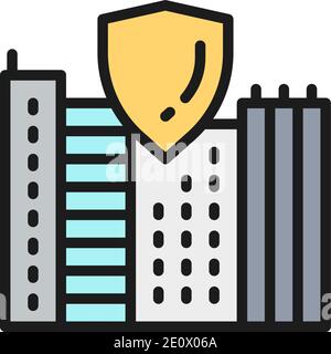 Safe city, town with shield, secure flat color line icon. Stock Vector