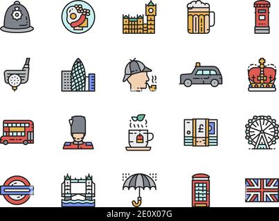 Set of English Culture Flat Color Line Icons. Postbox, Police Helmet and more. Stock Vector