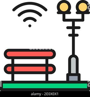 Bench with a lantern, Wi-Fi zone, smart park flat color line icon. Stock Vector