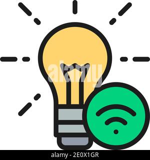 Innovation, light bulb with wifi, idea flat color line icon. Stock Vector