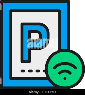 Car parking with Wi-Fi, smart parking area flat color line icon. Stock Vector