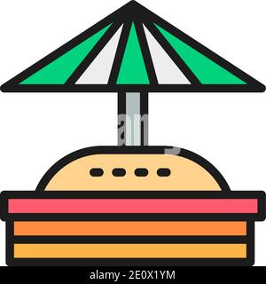 Sandbox with umbrella for children flat color line icon. Stock Vector