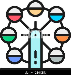 Vector ferris wheel, kids attraction flat color line icon. Stock Vector