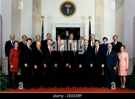 Washington, DC - March 19, 1992 -- 1992 Official George H.W. Bush Cabinet Photograph. Front Row (left to right): Lynn Martin, Secretary of Labor; Edward Madigan, Secretary of Agriculture; Richard Cheney, Secretary of Defense; James A. Baker III, Secretary of State; United States President George H.W. Bush; United States Vice President Dan Quayle; Nicholas Brady, Secretary of the Treasury; William Barr, Attorney General, Manuel Lujan, Jr., Secretary of the Interior; Barbara Franklin, Secretary of Commerce. Second Row (left to right): Clayton Yeutter, Counsellor to the President for Domestic Pol Stock Photo