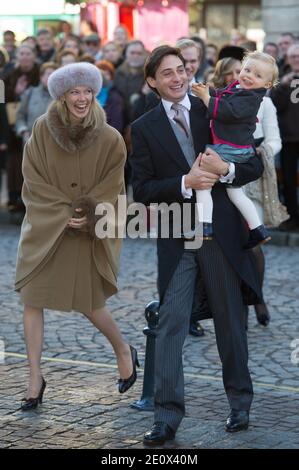 Archduchess Marie Christine of Austria and Count Rodolphe of Limburg Stirum with their child during the religious wedding of Archduke Christoph of Austria and Adelaide Drape-Frisch at Saint-Epvre Basilica in Nancy, France, on December 29, 2012. Photo by Nicolas Gouhier/ABACAPRESS.COM Stock Photo