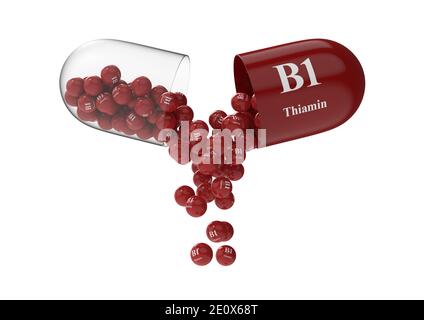 Open capsule with b1 thiamin from which the vitamin composition is poured. Medical 3D rendering illustration Stock Photo