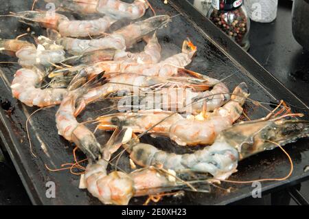 Fresh seafood shrimp prepared on the barbecue grill Stock Photo